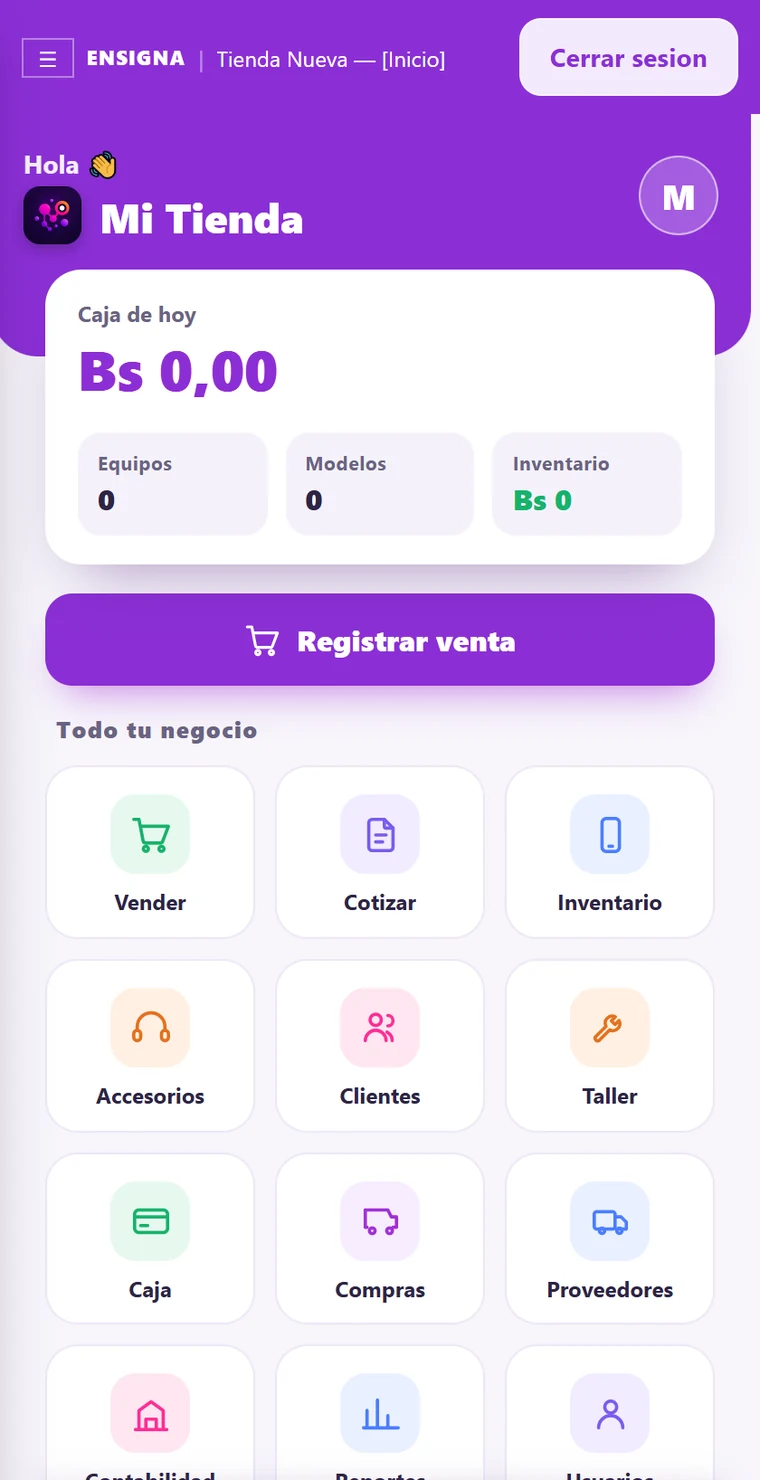Sistema de gestión hecho por Ensigna: caja del día, inventario, ventas y taller